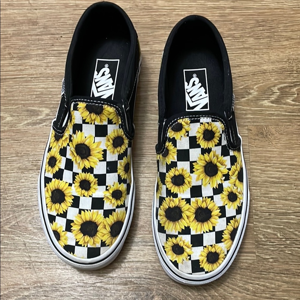 Vans Black and Yellow Sunflower Checkered Slip-On Shoes